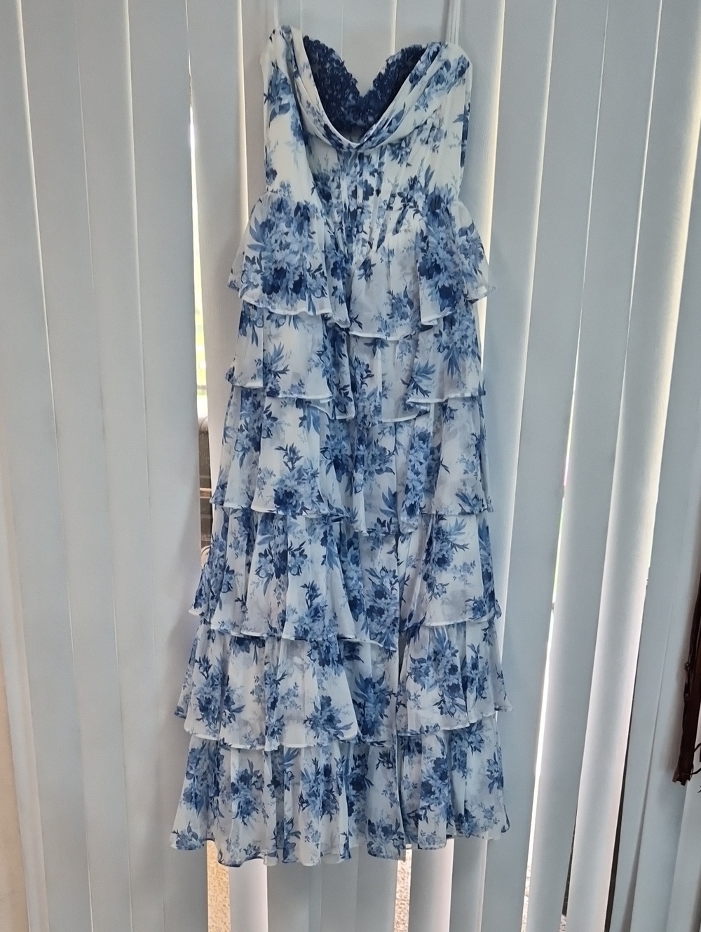 Windsor Blue and White Floral Tiered Prom Dress
